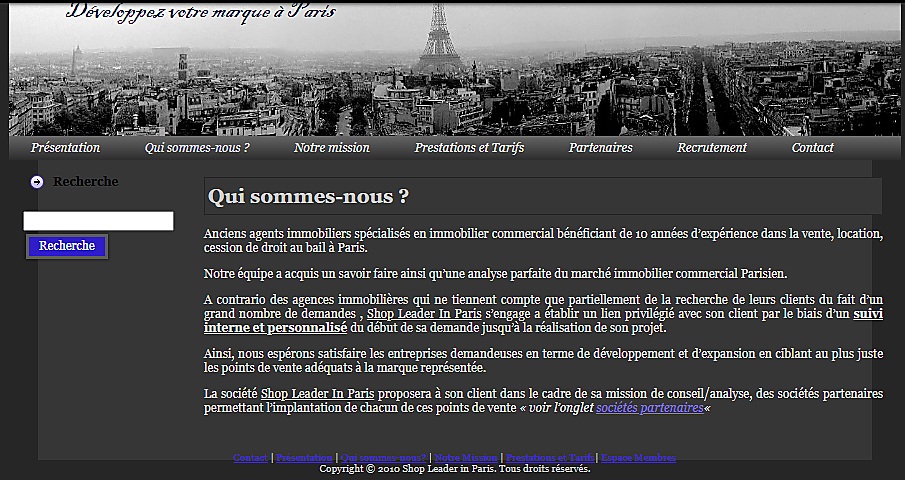 Page « Qui sommes-nous » du site Shop Leader in Paris
